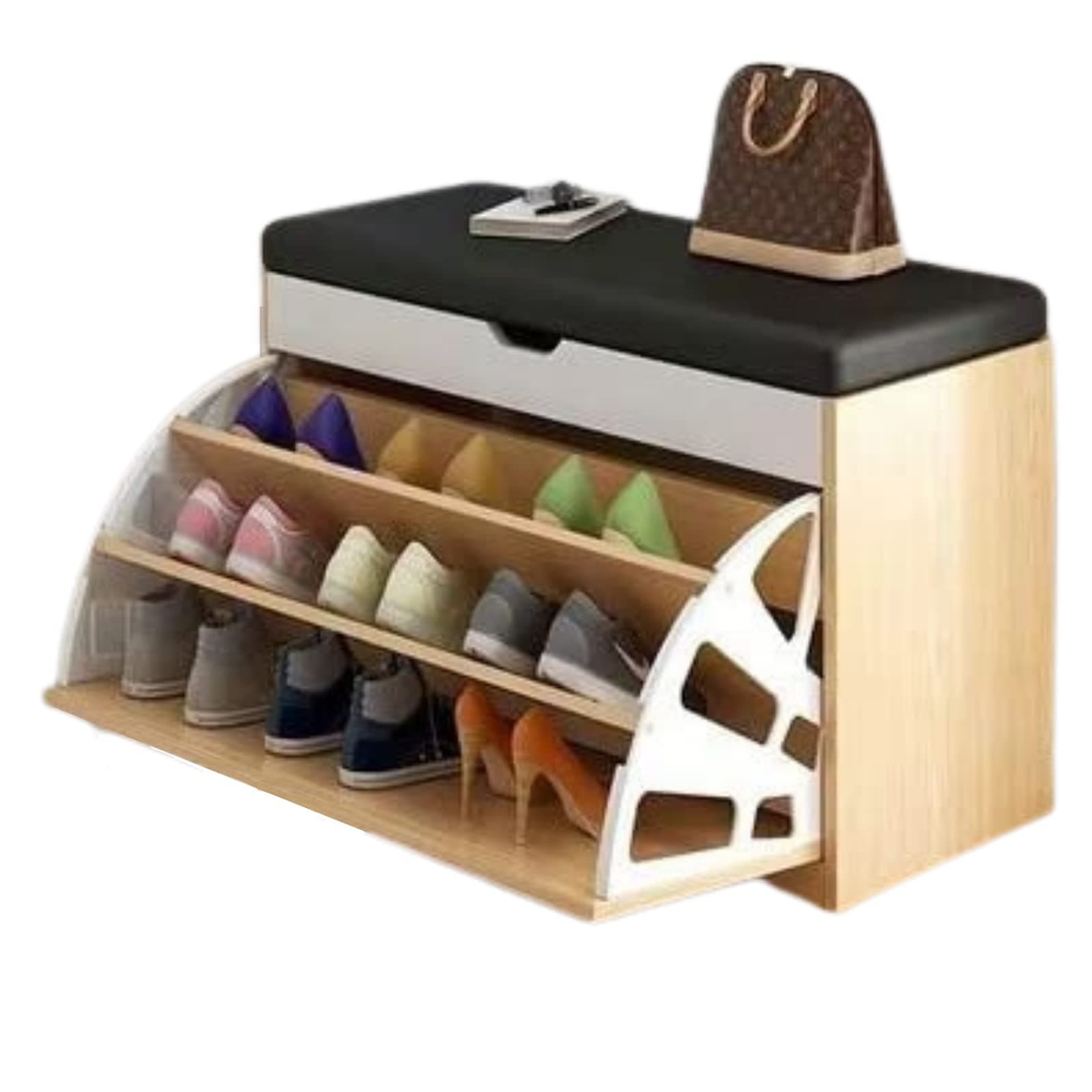 KUTIS Wooden Rack Bench Shoe Changing Stool Foldable Seat Shoe Rack Cabinet Nonwoven Fabric Cover Closet Shoes Rack Organizer Multi-Function Storage Shoes Rack (60x30x51 CM (Without Cabinet), Beige)