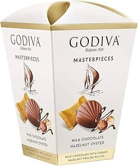- Godivas Masterpieces Milk Chocolate Hazelnut Oyster, Creamy Hazelnut Praline Filling, 117 Grams