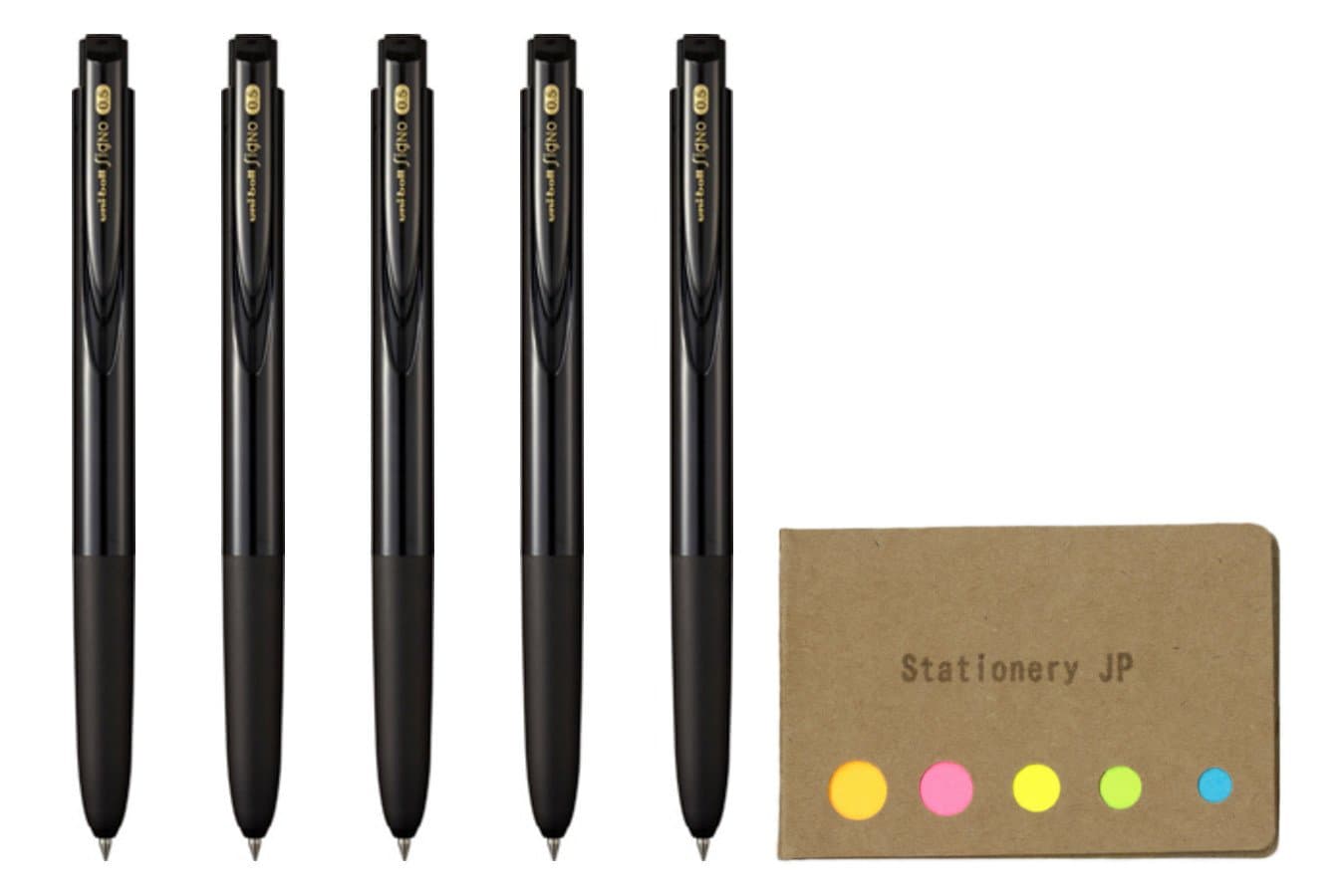 Signo RT1 Retractable Gel Ink Pen, Extra Fine Point 0.5mm, Rubber Grip, Black Ink, 5-Pack, Sticky notes Value Set