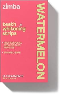 Zimba Watermelon Flavored Teeth Whitening Strips | Vegan, Enamel Safe Hydrogen Peroxide Teeth Whitener for Coffee, Wine, Tobacco, and Other Stains | 14 Day Treatment | Watermelon