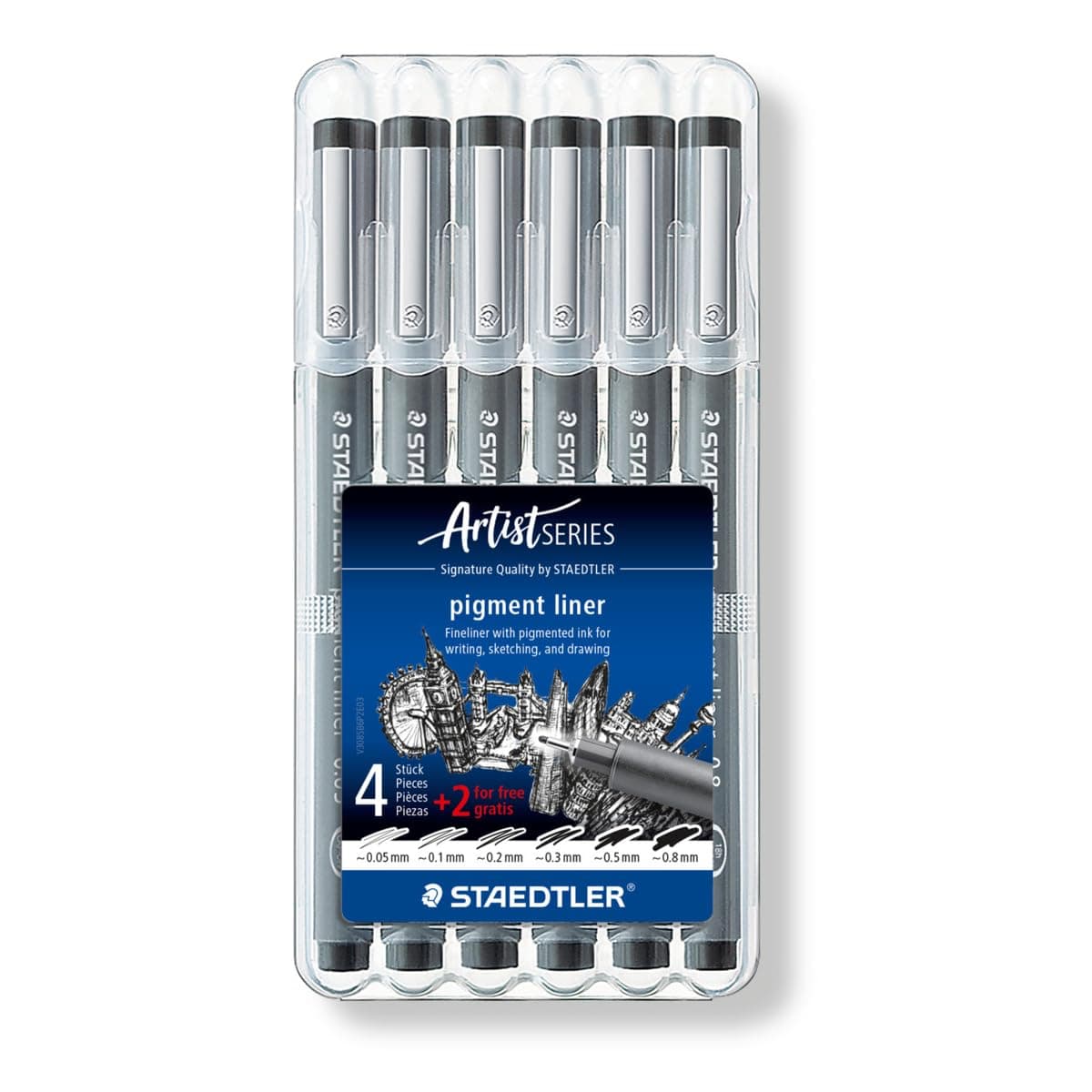 STAEDTLER ‎308 SB6P Pigment Liner Fineliner Pens with Assorted Line Width - Black (Set of 4 + 2 Free)