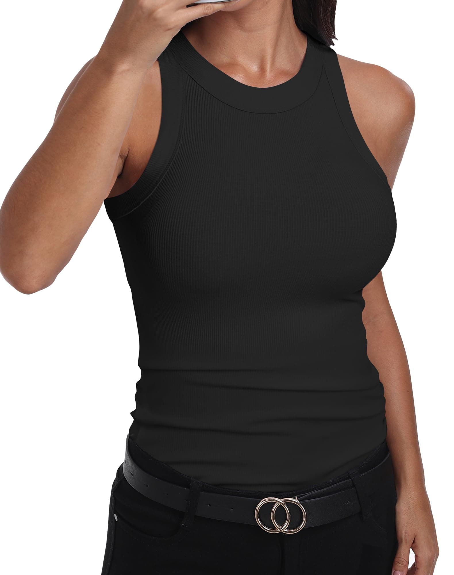 Womens Sleeveless Racerback High Neck Casual Basic Cotton Ribbed Fitted Tank Top