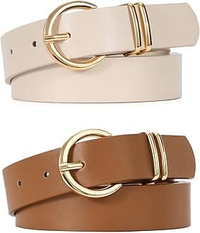 JASGOOD Women’s Leather Belts for Jeans Dresses Fashion Gold Buckle Ladies Waist Belt,2 Pack