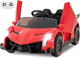 2 Seater Kids Ride on Car, 12V 4WD Licensed Lamborghini Veneno Powered Electric Vehicle with Hydraulic Doors, Rocking Mode, Adjustable Speeds, Remote Control, MP3, Headlight (Red)