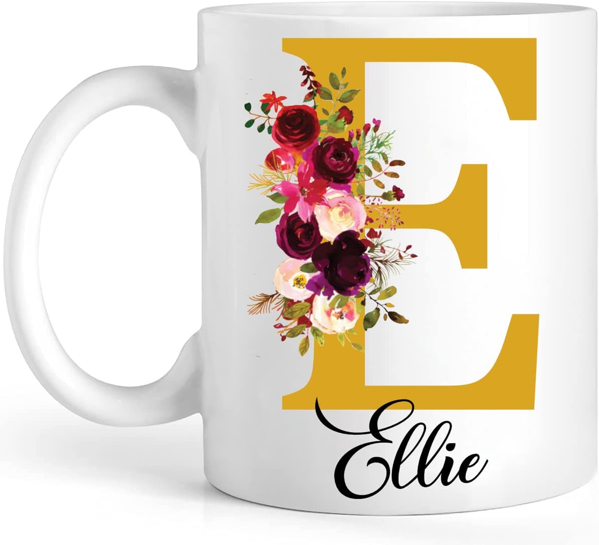 EKAM Personalised Floral Mug Stylish Initial with Name, Customised Gift for Valentine’s Day, Birthday, Christmas Day for Mom, Dad, Kids, Friends or Girls, 11oz Ceramic Coffee/Tea Cup (Gold)