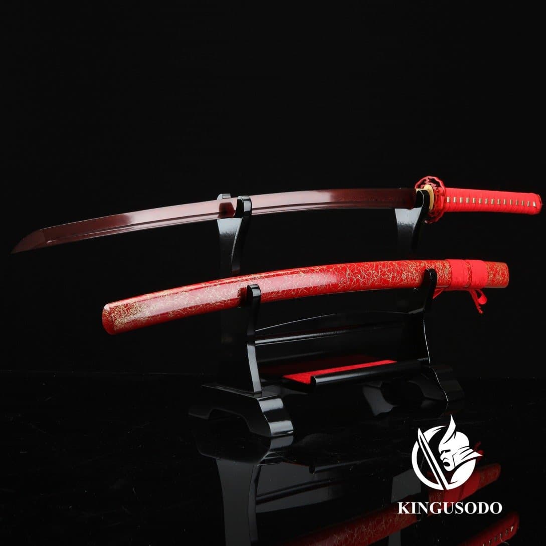 kingusodo Katana Sword, Pattern Steel Real Battle Ready Red Katana Full Tang with Sheath