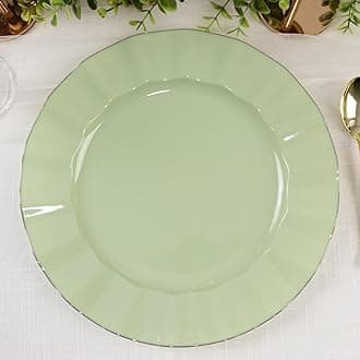 Efavormart 10 Pack | Sage Green 11" Round Plastic Dinner Plates, Disposable Tableware with Gold Wavy Rim for Wedding, Outdoor Receptions, Banquets, Holiday Dining