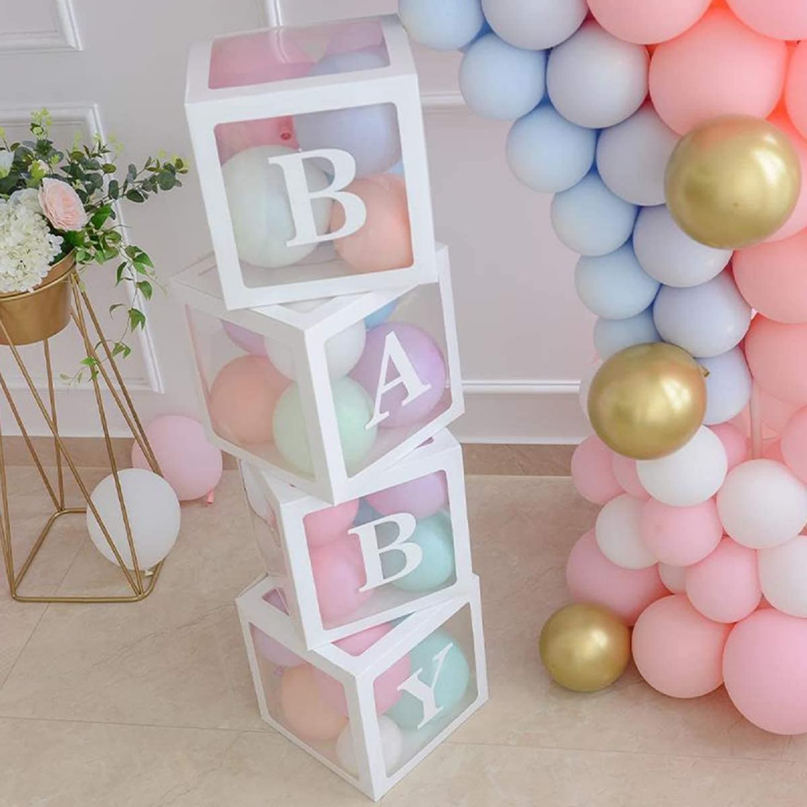 Baby Shower Boxes Party Decorations – 4 pcs Transparent Balloons Boxes Décor with Letters Baby Blocks Design for Baby Shower Gender Reveal Backdrop