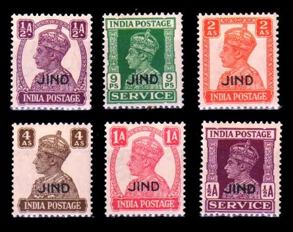 ISC~ JIND State, 6 Different Stamps, King George VI, Rare & Old Mint (UNUSED) Stamps, India PRINCELY State Stamps, Pre 1947, Beautiful Collection ~ STAMPEX