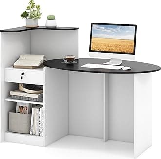 Tangkula Reception Desk, Front Counter Desk with Lockable Drawers, L Shaped Retail Counter with Oval Desktop, Checkout Computer Workstation for Salon Lobby Home Office