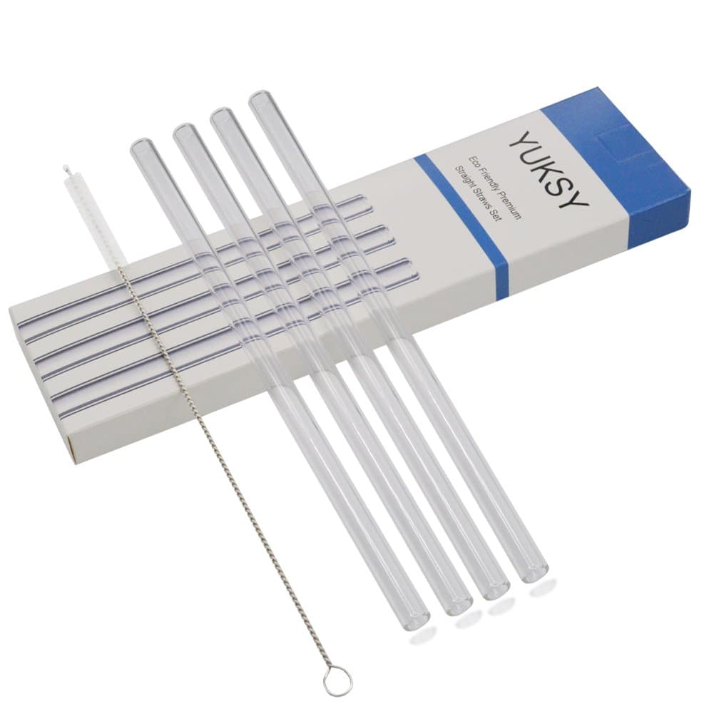 4+1 pcs Glass Straws Clear Straight 9" x 10 mm - Perfect Reusable Straw for Smoothies, Tea, Juice, Water, Milkshake, Essential Oils - with 1 pcs Cleaning Brushes by YUKSY