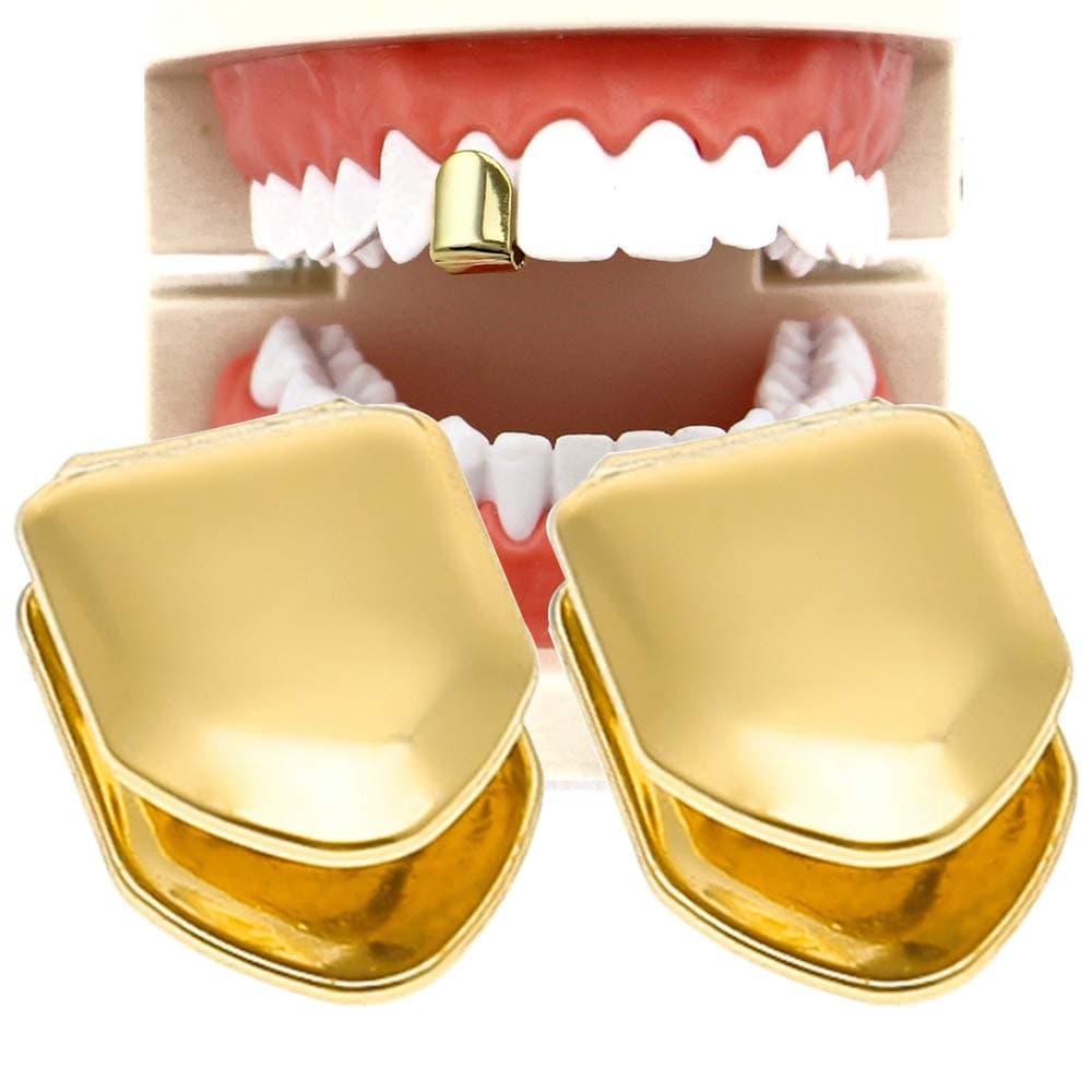 14K Gold Plated Grillz Single Tooth Cap - Hip Hop Plain Mouth Grill for Party Accessories, One Size