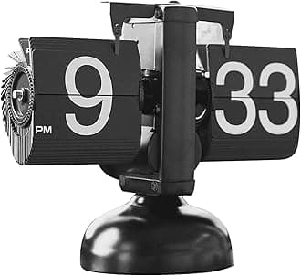 Flip Clock, Retro Flip Vintage Desk Table Clock Large Number Battery Powered Internal Gear Operated Home Décor Ideal for Home Office School Hotel Café with Retro Decor (Black-Round Base)