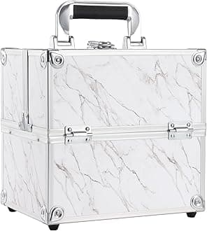 Frenessa Marble Leather Makeup Train Case Portable Cosmetic Case 4 Trays Storage Organizer for Make Up Nail Tech Marble