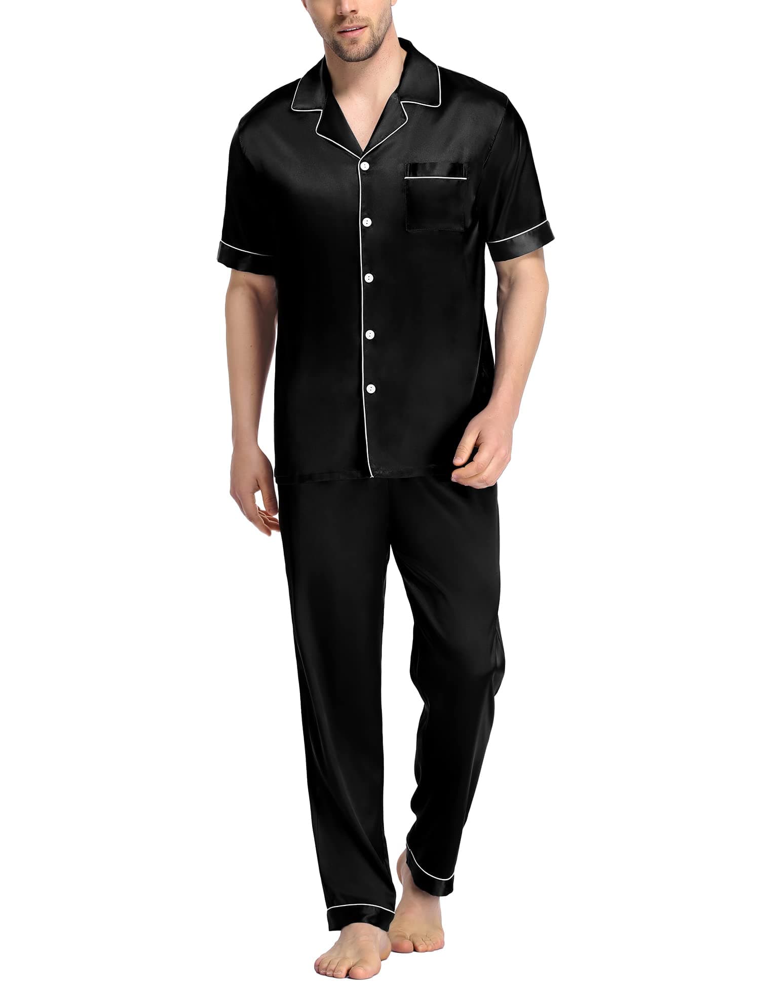 SWOMOGMen‘s Silk Satin Pyjama Set Short Sleeve Button Down Shirt with Long Pants Silky Pjs Notch Collar Loungewear