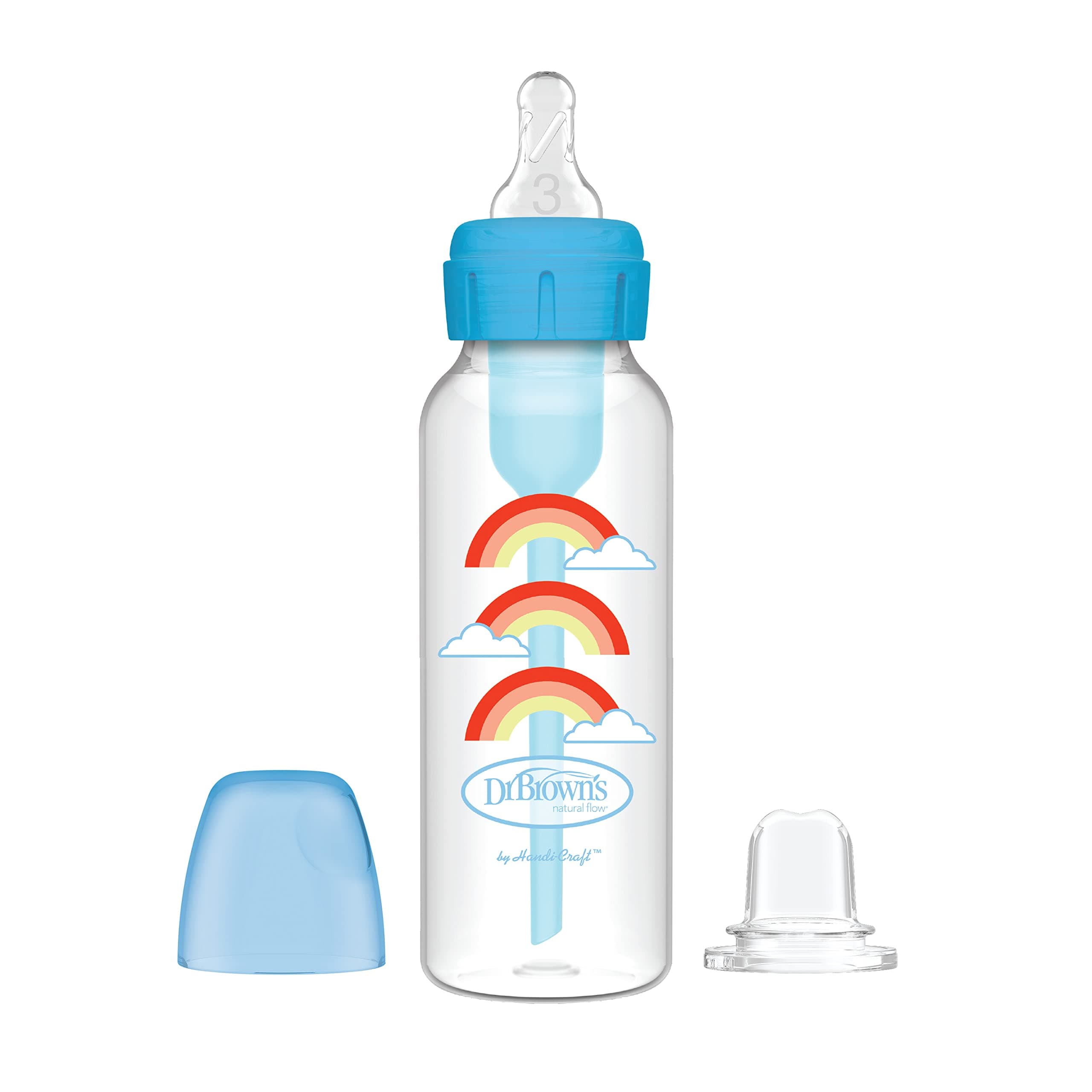 Dr. Brown's Anti-Colic Options+ Narrow Sippy Bottle Starter Kit, 8oz/250mL, with Level 3 Medium-Fast Flow Nipple and Soft 100% Silicone Sippy Spout, Blue, BPA Free, 6m+