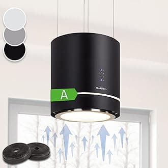 Tron Ambience Island Cooker Hood - Kitchen Extractor Fan, Extractor Hood, 38 x 45 cm (ØxW) / 60 cm Suspension, Recirculation in 3 Stages, 540 m³/h, LED Lighting, Black