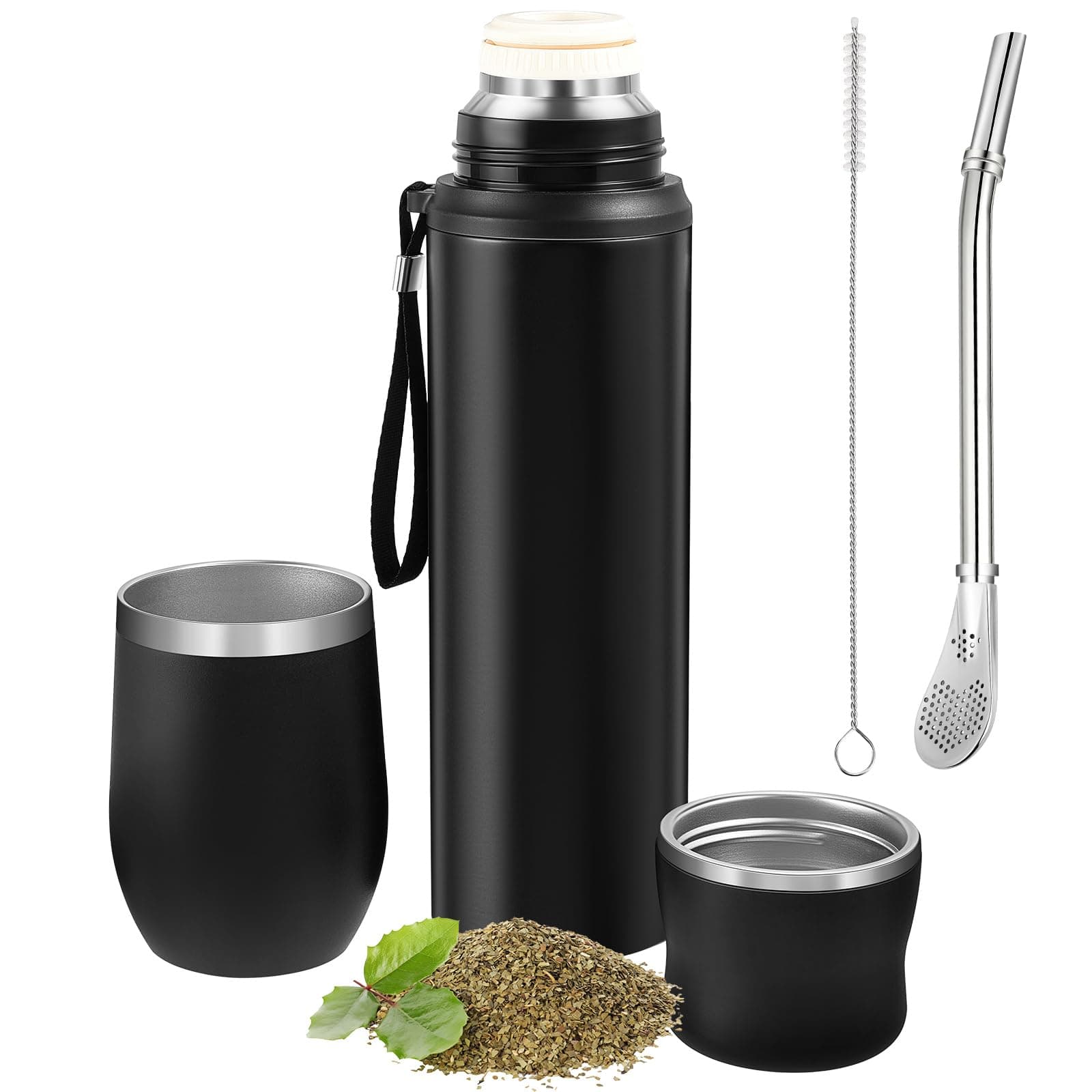 Dandat 2 Pieces Yerba Mate Cup and Vacuum Bottle Kit 12 oz Yerba Mate Gourd Cup and Bombilla Set for Travel, Turn The Cup Upside Down to Pour out All The Water (Black)