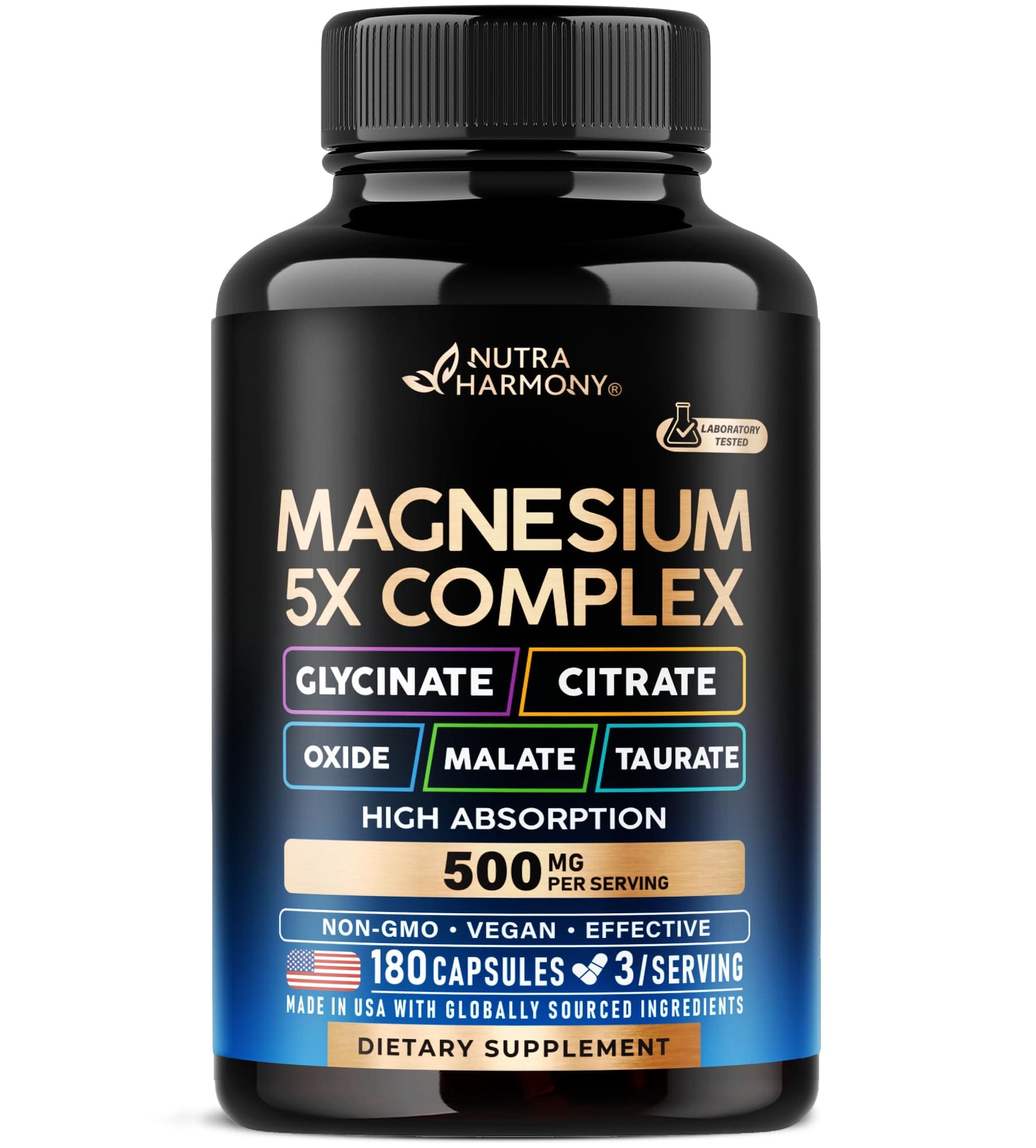 Magnesium Supplement - 5 in 1 Complex 500 mg | Glycinate | Citrate | Malate | Taurate | Oxide - Made in USA - Stress, Muscle & Heart Support - Vegan, Natural, Non-GMO - 180 Capsules, 2 Month Supply