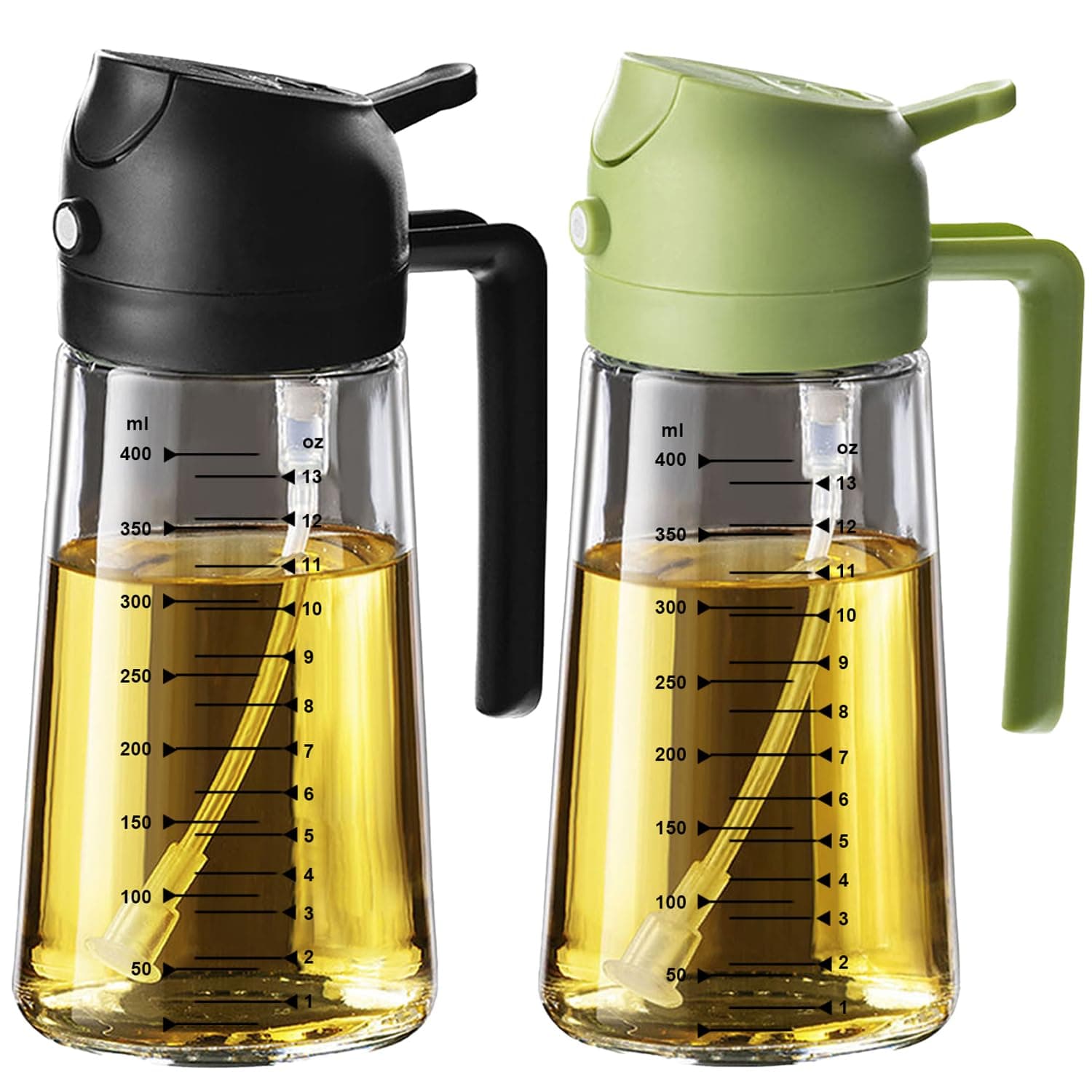 TrendPlain 16oz Oil Dispenser Bottle for Kitchen - 2 in 1 Olive Oil Dispenser and Oil Sprayer - 470ml Olive Oil Bottle - Oil Sprayer for Cooking, Kitchen, Salad, Barbecue 2Pcs Green&Black
