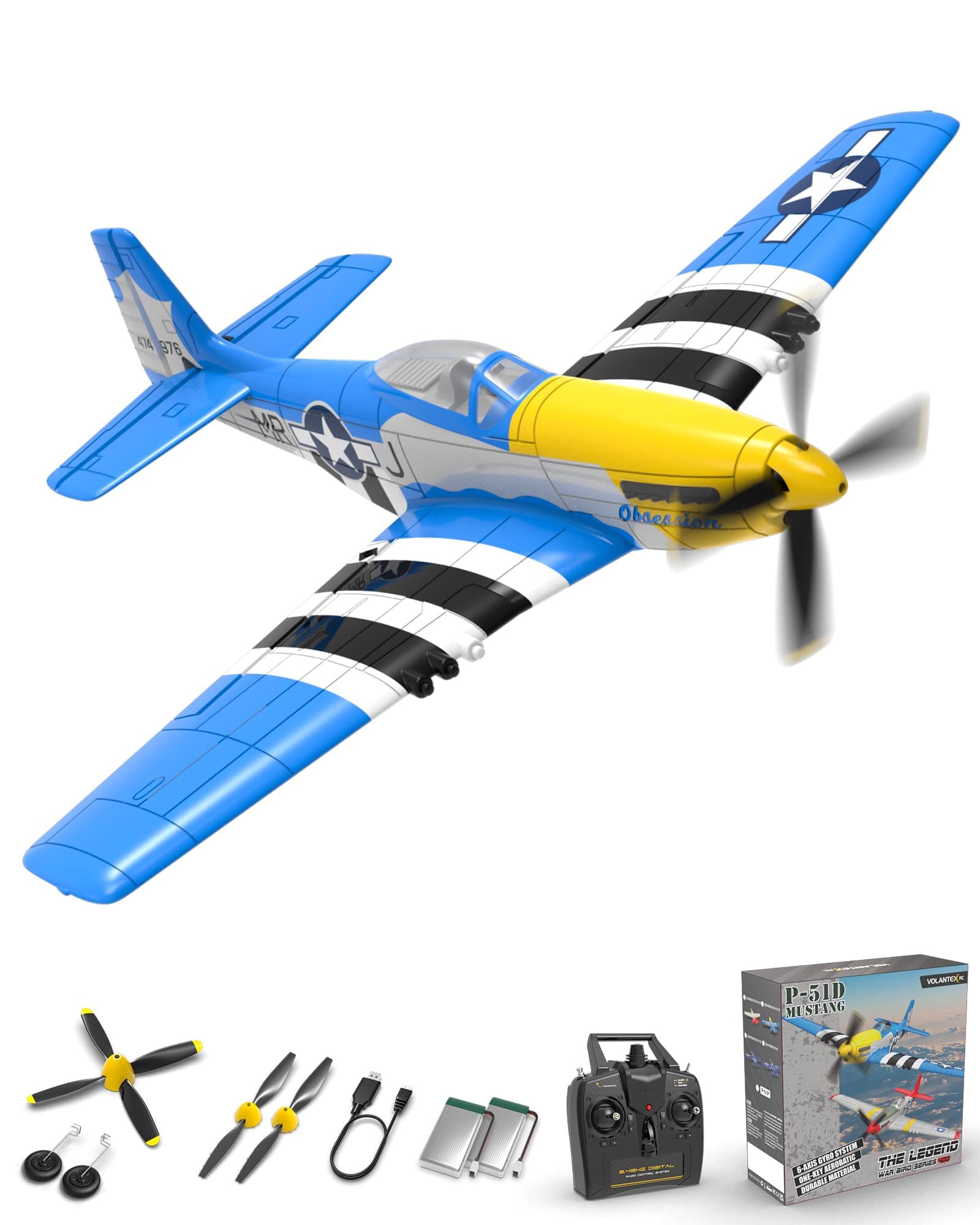 VOLANTEXRC RC Plane 4 Channel P51D Mustang Remote Control Airplane Fighter RTF with 6-Axis Gyro, 3 Modes Easy to Fly, 2.4GHz Radio Controlled Aircraft for Beginners & Adults (Blue)