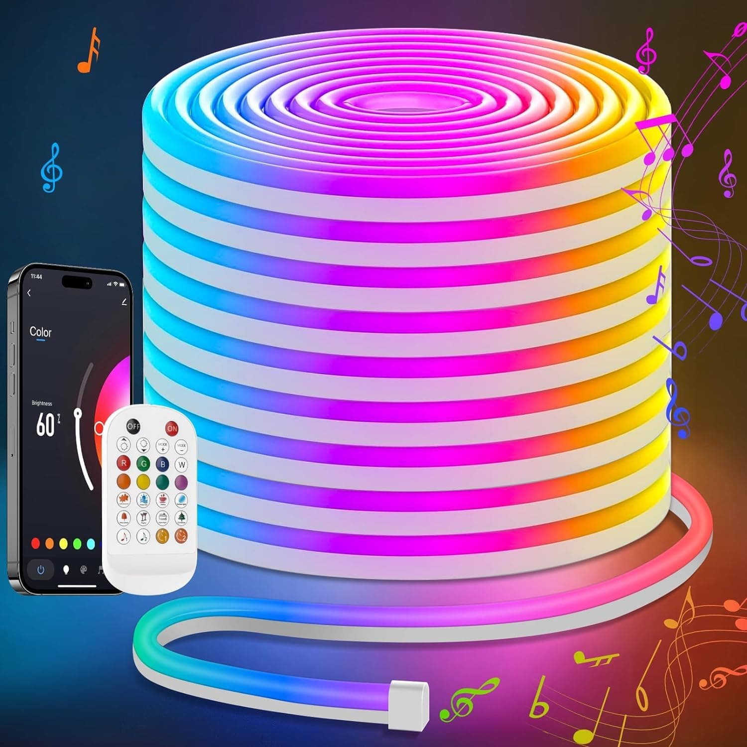 Lamomo RGB LED Strip Light, 20M Neon Rope Light App/Remote Control, 24V Flexible Waterproof LED, Color Changing Music Sync for Bedroom Gaming Outdoor Indoor Decor