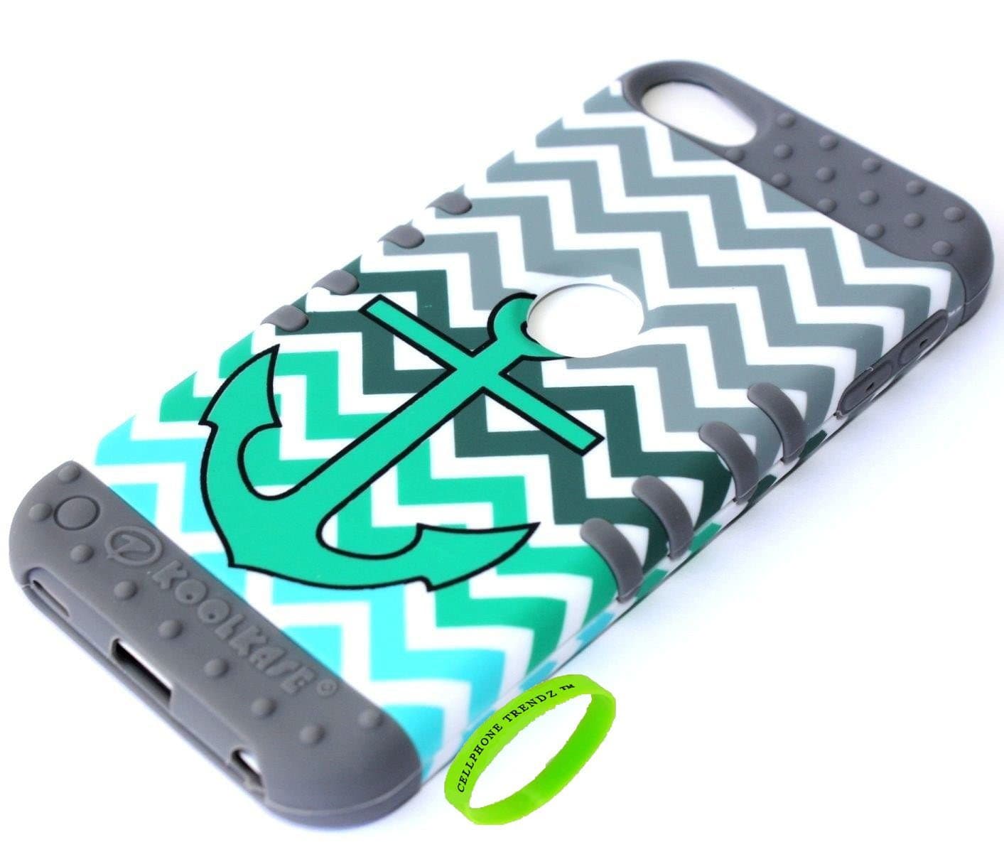 3-piece Impact Hybrid Combo Hard Case Cover For iPod Touch 5th Generation - Chevron Anchor Design Hard Case (Teal Anchor on Gray Silicone)