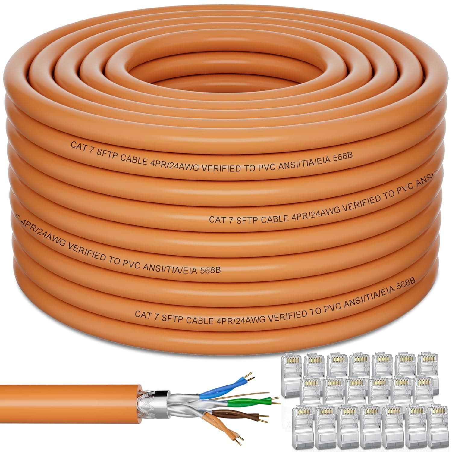 Cat 7 Outdoor Ethernet Cable 500ft (SFTP Triple Shielded Internet Cable | DIY Bulk Cable | x 20 RJ45) High-Speed 10Gbps 600MHz Network Cable, Direct Burial, Waterproof/UV Resistant, for Router