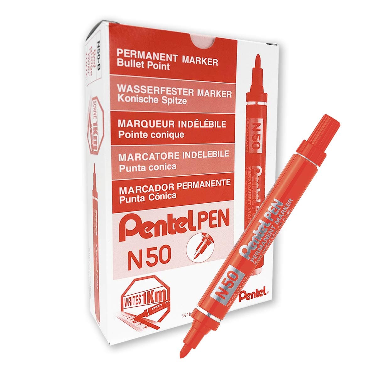 Pentel N50 Permanent Marker Bullet Tip 1.5-2mm Line Red Ref N50-B [Pack of 12]