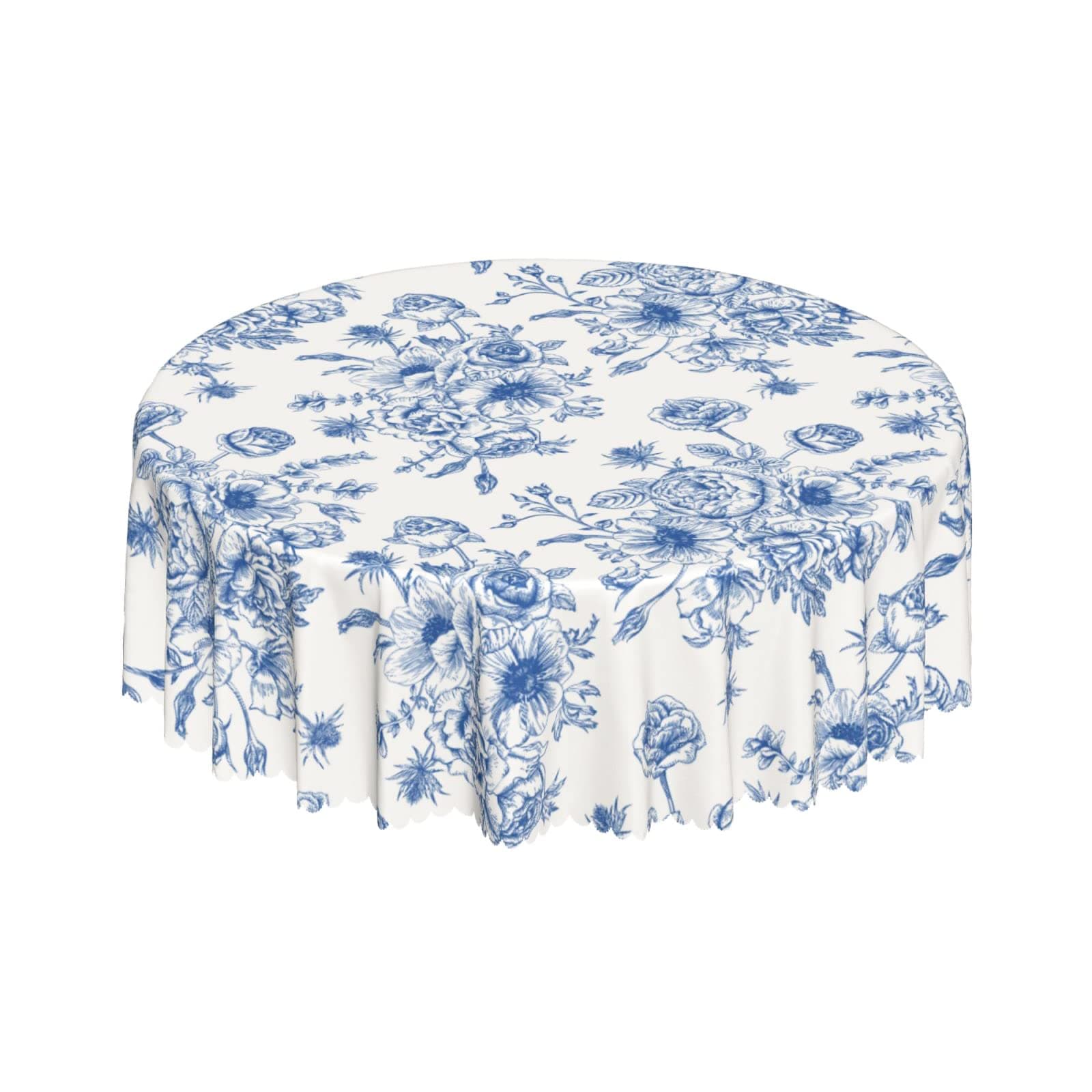 Blue and White Floral Round Tablecloth 60 Inch, Elegant Rustic Vintage Flower Tablecloths Stain Resistant waterproof Polyester Table Cloth Cover for Decoration Holiday Parties Kitchen Dining Picnic