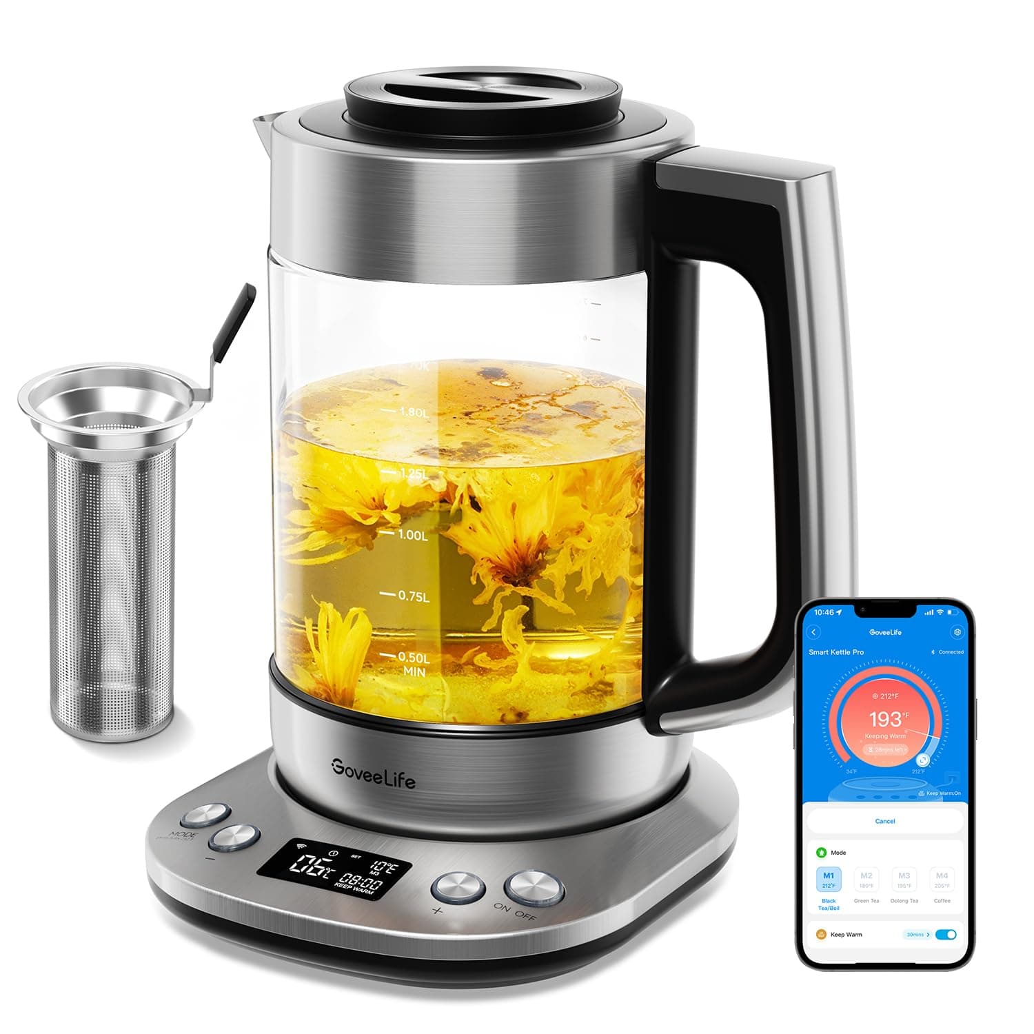 GoveeLife Smart Electric Kettle with Tea Infuser for Loose Leaf, 1.7 L Electric Tea Kettle with Brewing Program, Variable Temperature Control, 2 H Keep Warm & Auto Shut off, BPA Free, Sliver