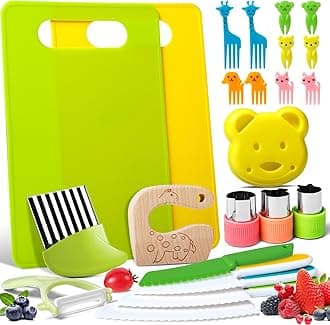 23 PCS Kids Cooking Sets, Kitchen Tools for Toddlers' Real Cooking, Kids Kitchen Knife Set with Cutting Board Kid Safe Knives Peeler Sandwich Cutters Crinkle Cutter, for Girls Boys