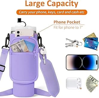 AceTreker Water Bottle Carrier Bag with Paracord Handle for Stanley 40/30 oz Tumbler Neoprene Insulated Mug Sleeve Pouch with 2 Pockets & Adjustable Strap & Straw Cover for Stanley Cup Accessories
