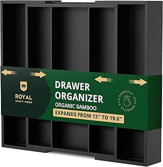 ROYAL CRAFT WOOD Luxury Bamboo Kitchen Drawer Organizer - Silverware Organizer - Utensil Holder and Cutlery Tray with Grooved Drawer Dividers for Flatware and Kitchen Utensils (5 Slot, Black)