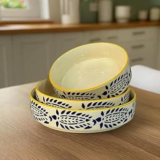 - Premium Ceramic Salad Bowl- Serving Snacks Ceramic Plates - Set of 3- Stackable Sizes (5.5 inch, 6.5 inch, 7.5 inch) Microwave Safe | Best Wedding Gift for Friends, Yellow and Blue
