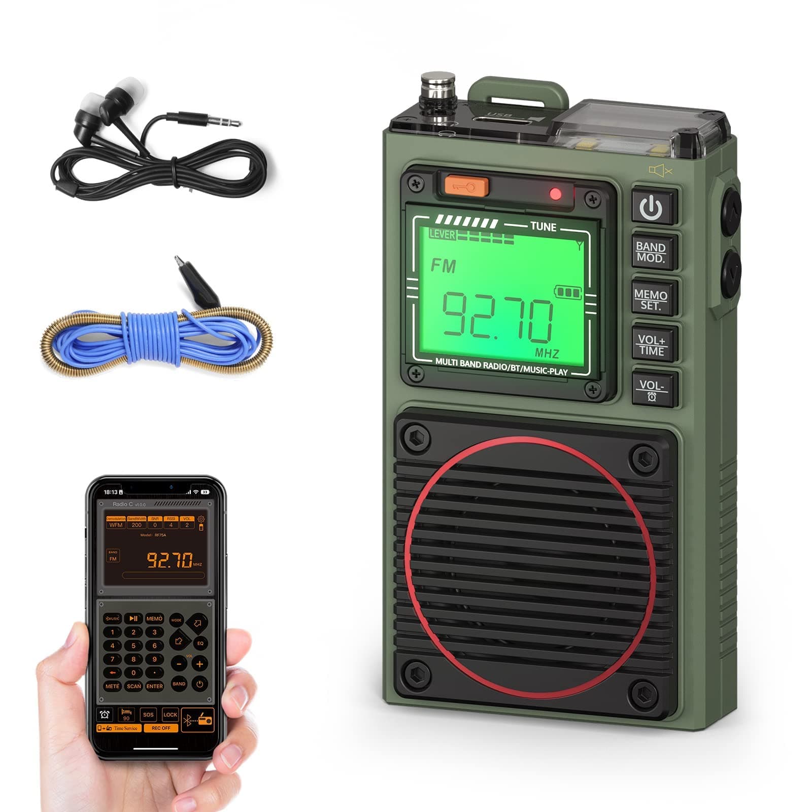 RF75A APP Control Shortwave Radio, Portable Shortwave Radios AM/FM/VHF/SW/WB Weather Radio, Pocket Radio Rechargeable w/ 9.85 Ft Wire Antenna (Army Green)