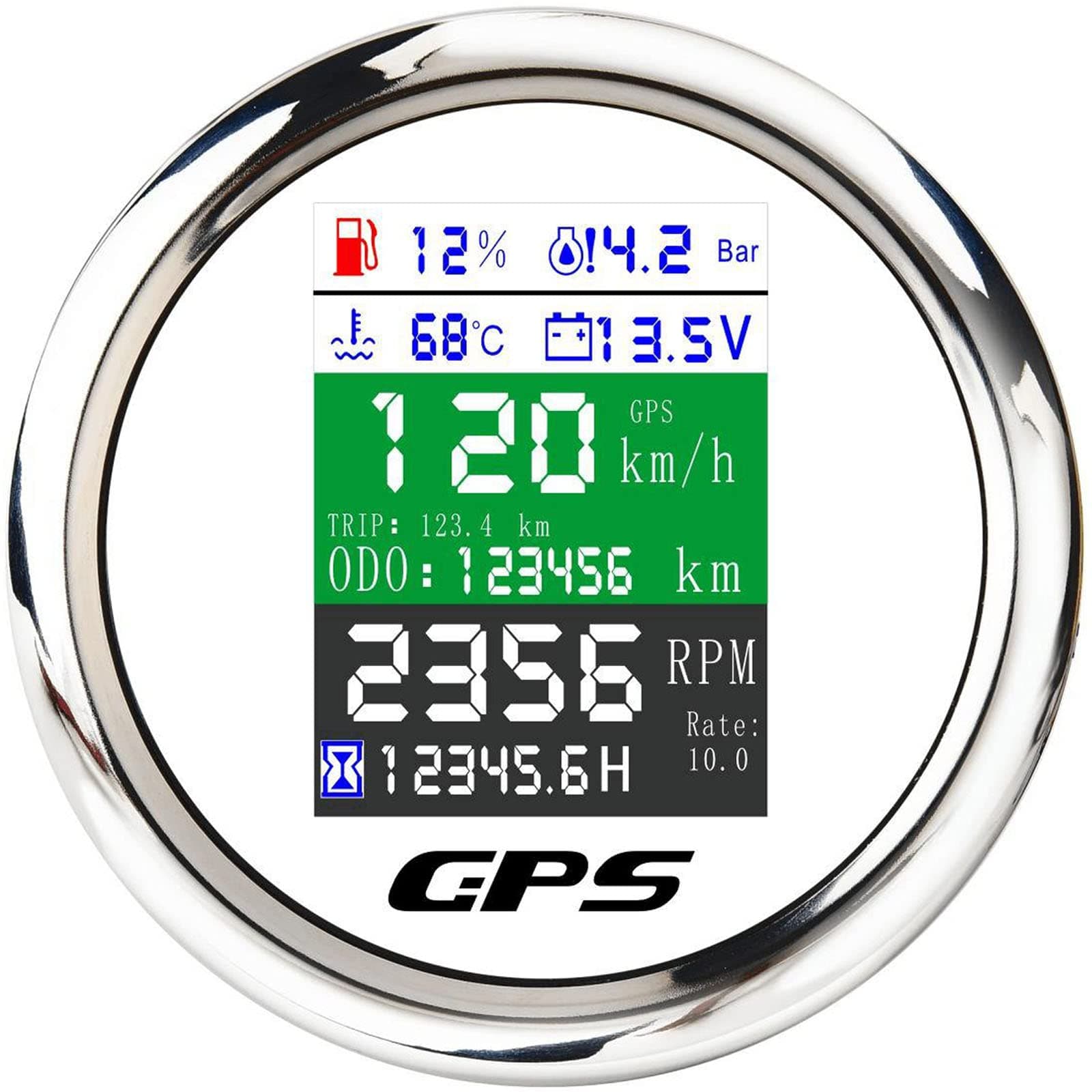 6-in-1 GPS Speedometer 3-3/8" 85mm MAIMEIMI Multi-Functional Adjustable Tachometer Voltmeter Fuel Level Water Temp Oil Pressure with Alarm for Car Boat Marine 9-32V White