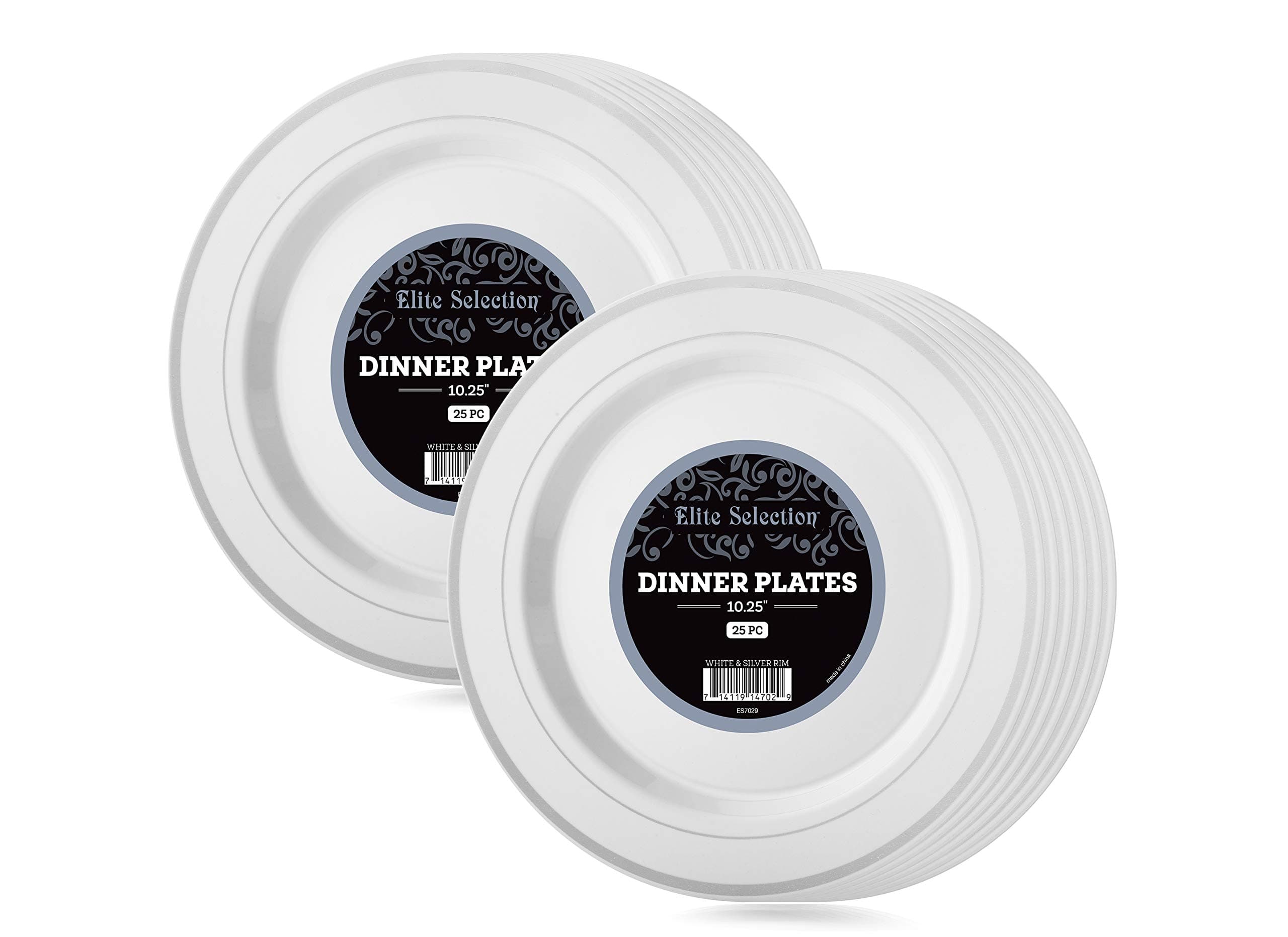 ELITE SELECTION Pack of 50 White Dinner Disposable Party Plastic Plates With Silver Rim 10.25-Inch
