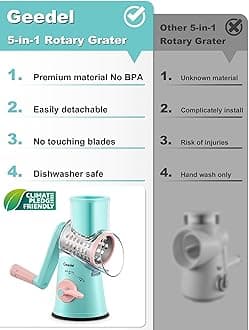 Geedel Rotary Cheese Grater Cheese Shredder - Upgraded 5-in-1 Cheese Grater with Handle and Strong Suction Base, Multi-purpose Vegetable Slicer Ice Shaver Nuts Grinder for Ice, Vegetables, Fruit, Nuts