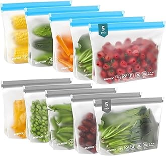 IDEATECH Quart Freezer Bags, BPA Free PEVA Reusable Sandwich Snack Bags, Quart Size Food Baggies Containers for Travel, Lunch, Healthy Food (10Pack-10Quart, Colored)