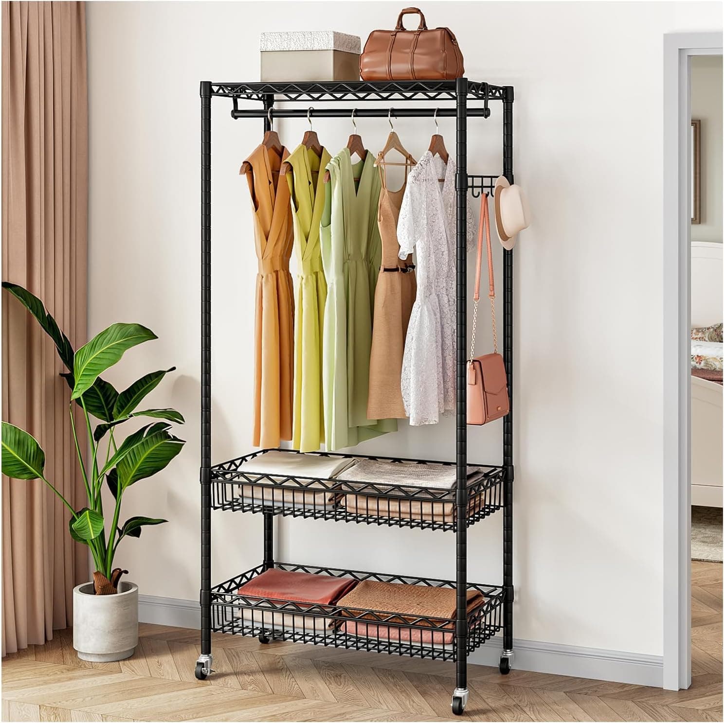 Wire Garment Rack, Rolling Clothes Rack for Hanging Clothes, Freestanding Portable Closet Rack with Hanging Rod Metal Basket Heavy Duty Clothing Racks Storage Shelves on Wheels (Black)