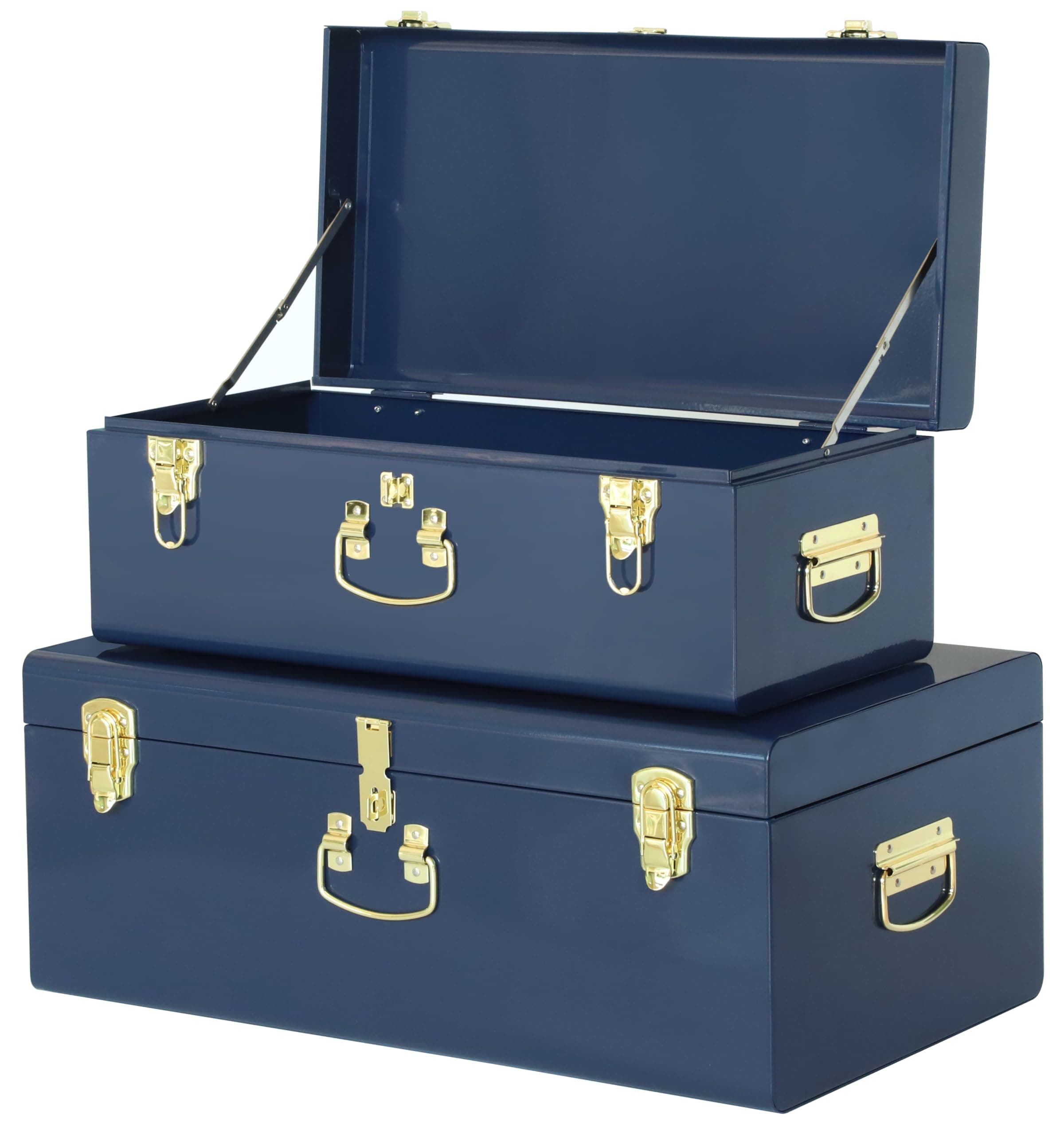 Vixdonos Decorative Large Metal Box Storage Trunk Chest Set of 2 College Dorm Organizer with Hardware Hasps and Handle for Home Deocr,23.7X14.2X9.5 Inches,Dark Blue