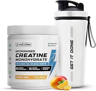 Pure Micronised Creatine Powder With Shaker (83 Servings, Tropical Tango) For Enhanced Muscle Strength With Rapid Absorption | Creatine Monohydrate | Wellcore Creatine Flavoured - 307g