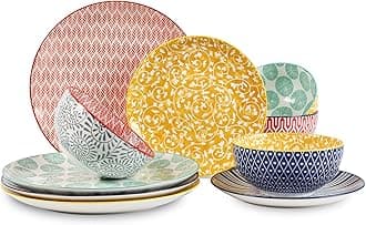 Selamica Ceramic Dinnerware Sets, 12-Pieces Plates and Bowls Sets, Scratch Resistant Dishes set for 4, Dishwasher & Microwave Safe, Assorted Colors