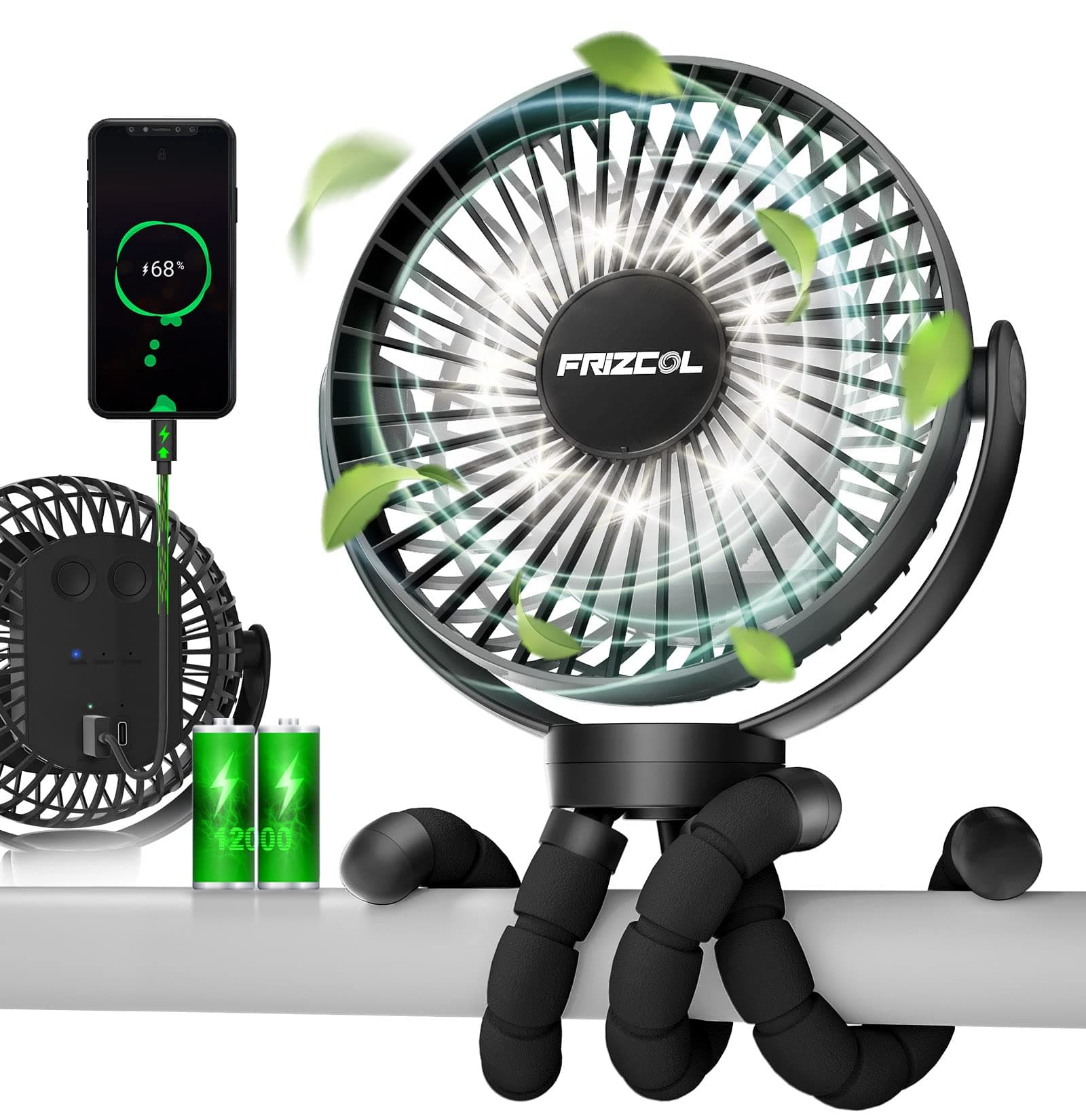 Portable Stroller Fan with LED Lights, 65 Working Hours, 12000mAh Battery, Tripod Legs, USB Rechargeable, Peloton Treadmill, Camping, Travel, Bed (Black)