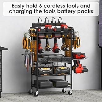 CCCEI Power Tool Organizer Cart with Charging Station, Garage Floor Rolling Storage Cart on Wheels for Mechanic, Mobile 6 Drill, Tool Box Utility Cart with Power Strip, Yellow.