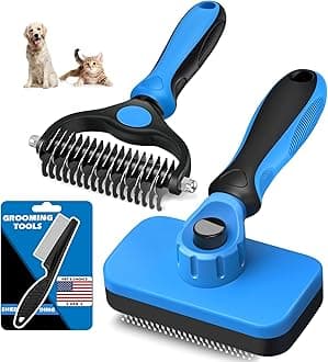 3PCS Self Cleaning Slicker Brush & Pet Grooming Rake & Flea Comb for Dogs, Cats and Horses | Double-Sided Dematting Comb & Skin Friendly Deshedding Grooming Tool | Premium Pet Supplies (Blue)