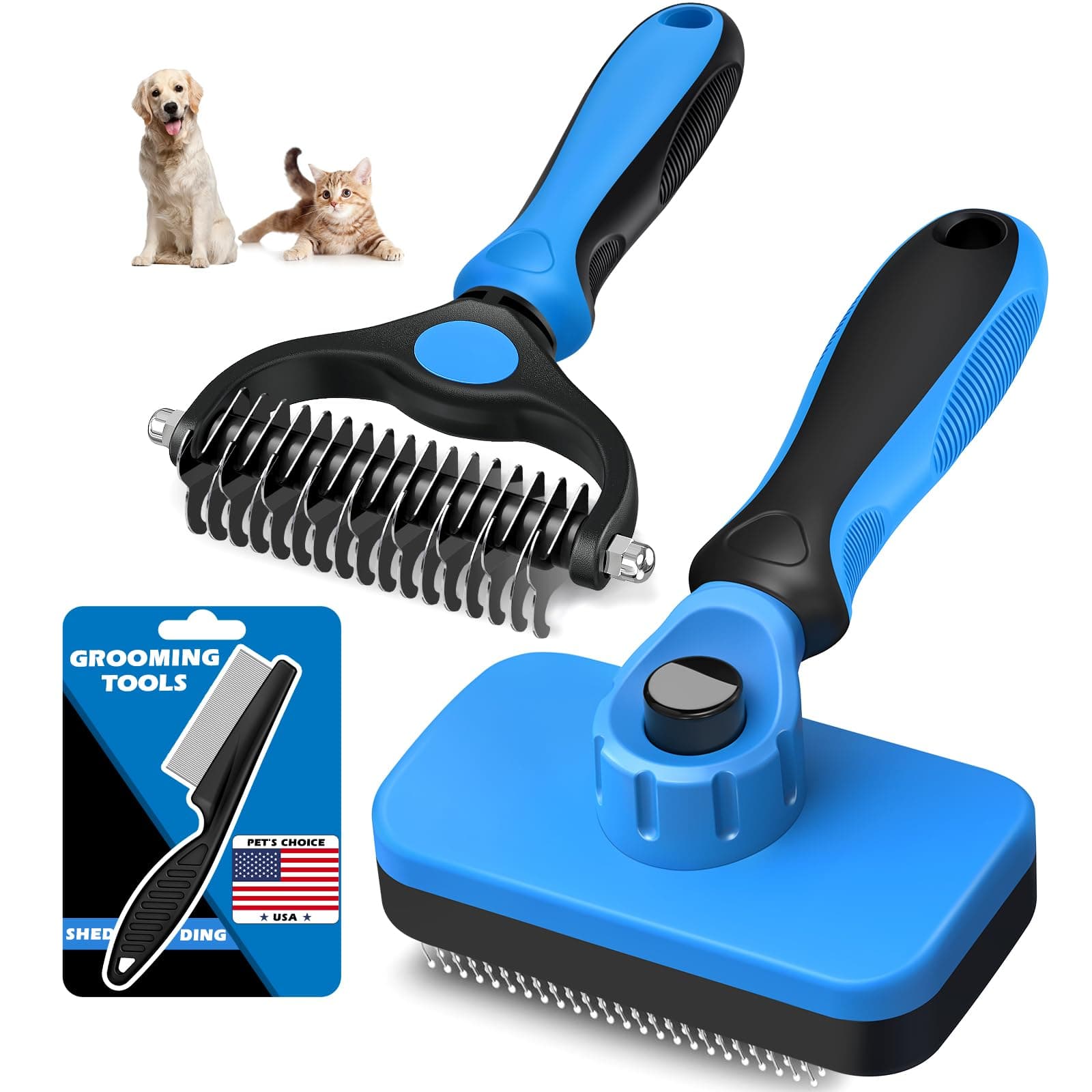 3PCS Self Cleaning Slicker Brush & Pet Grooming Rake & Bath Brush for Dogs and Cats | Double-Sided Dematting Pet Comb & Skin Friendly Deshedding Grooming Tool | Premium Pet Supplies (Blue Black)