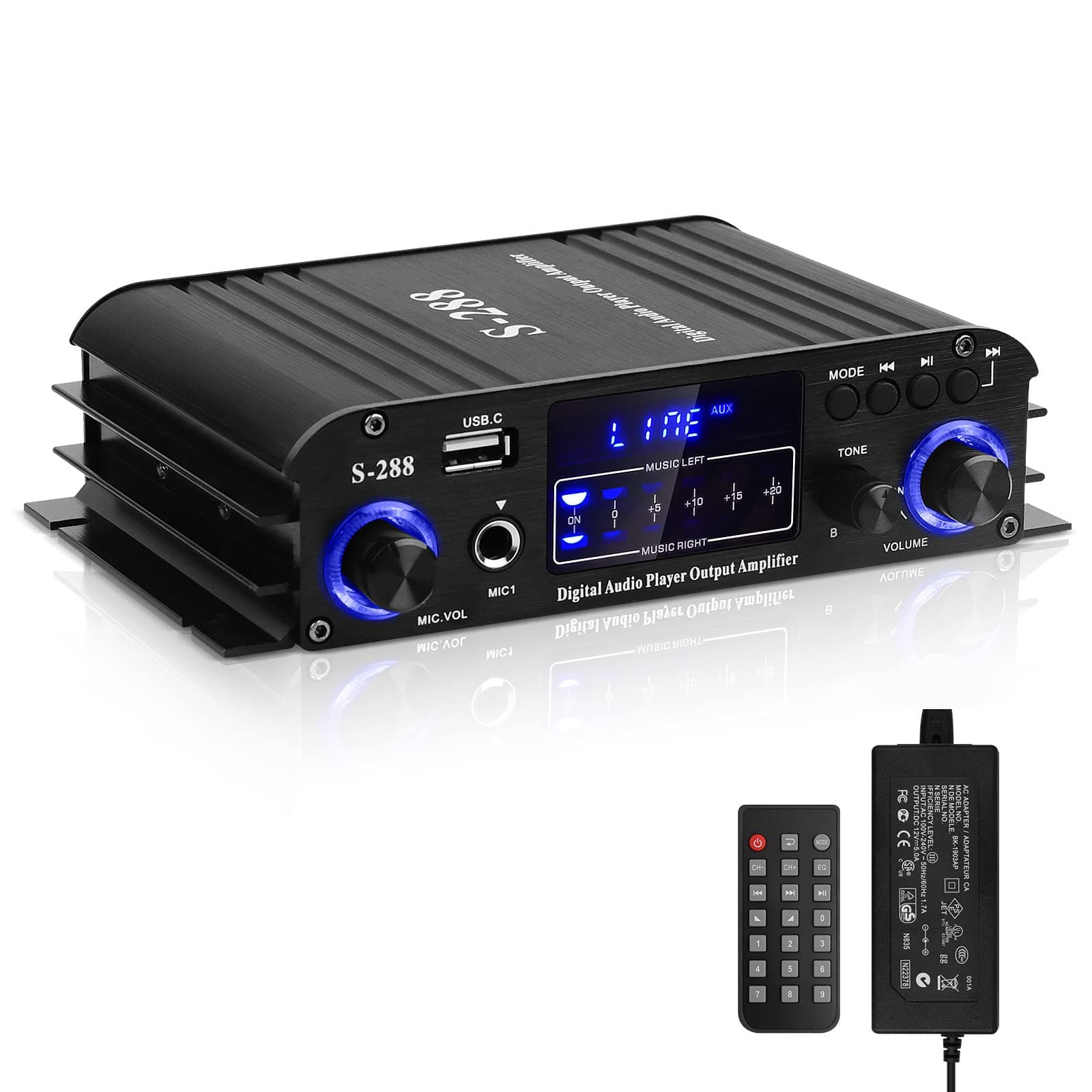 S-288 Hi-Fi Bluetooth Power Amplifier for Home 4.1CH 30Wx4 Output Max 600W Subwoofer Audio Amplifier Integrated Mini Car Speaker Amp Stereo Amp Receiver W/Remote Control