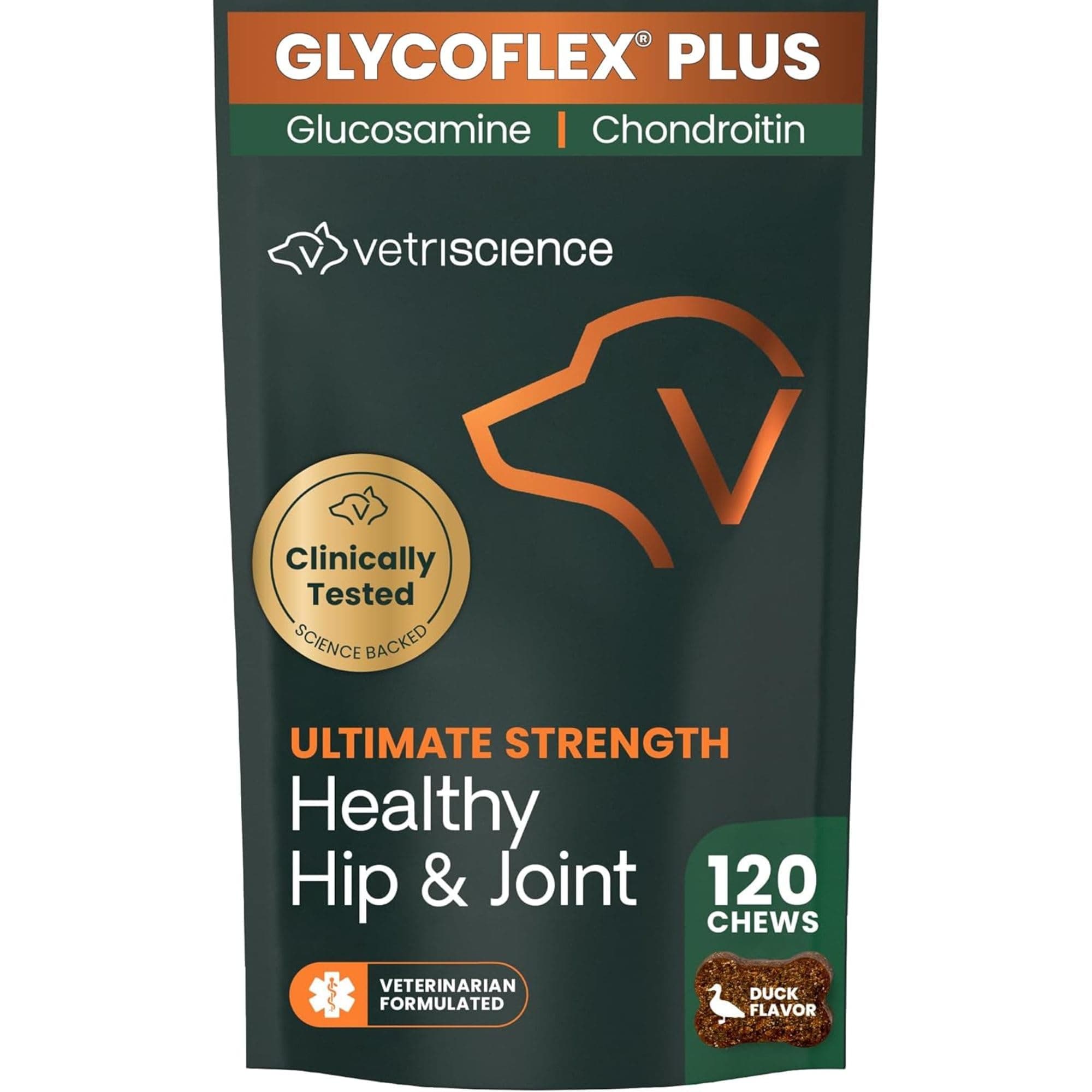 Ultimate Strength Healthy Hip & Joint Chews, GlycoFlex Glucosamine, Chondroitin and Green-Lipped Mussel Joint Support Supplement for Dogs, Soothe Joint Discomfort, Duck, 120 Count